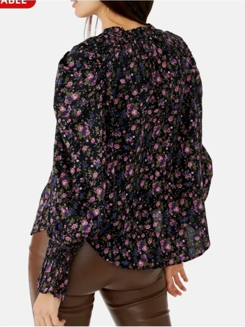 Free People Floral Ruffle Neck Long-Sleeve Blouse - Black with Purple Floral